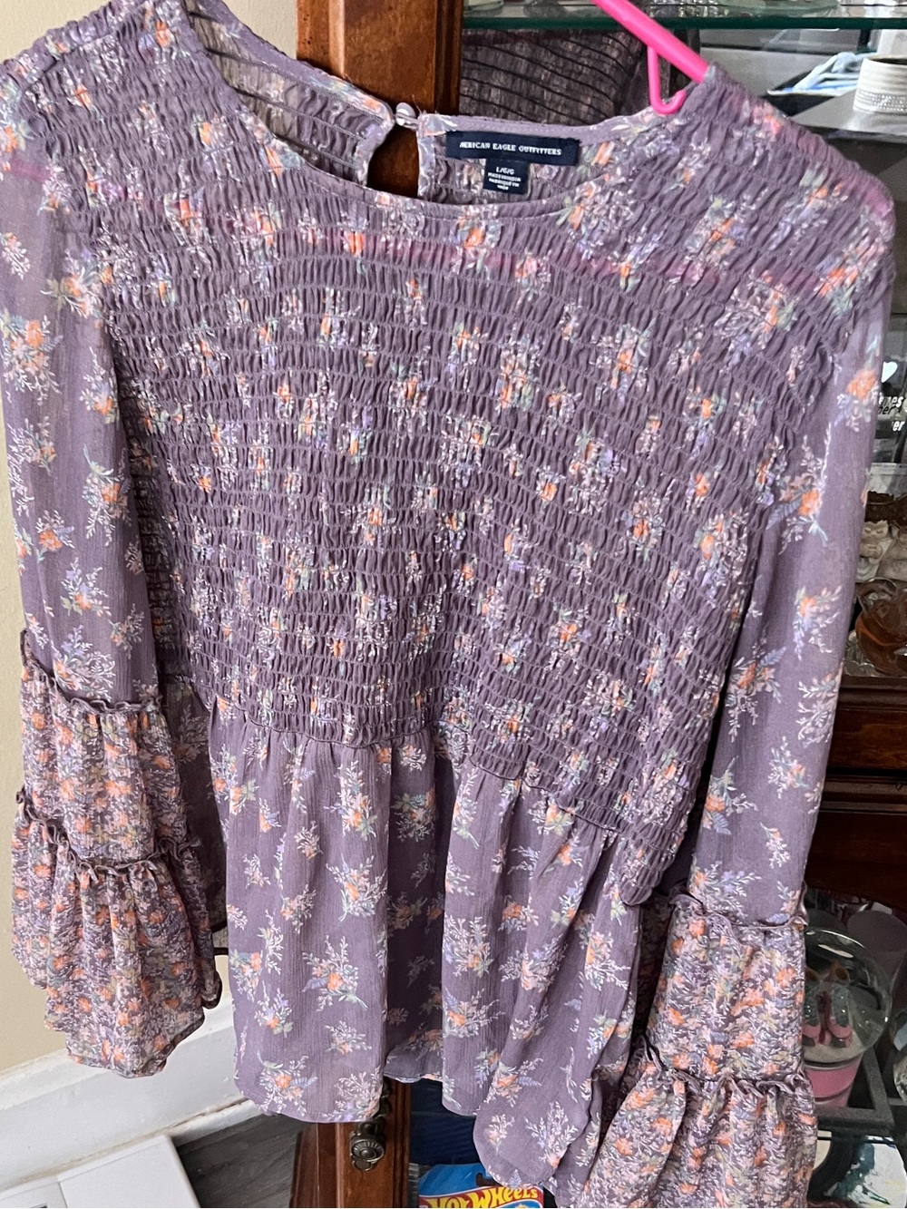American Eagle Outfitters Mauve Floral Smocked Bell Sleeve Top